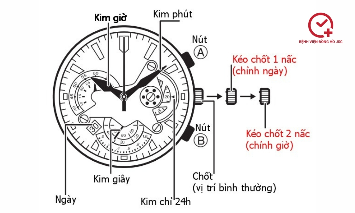 Cách chỉnh giờ đồng hồ 6 kim 3 nút Chronograph