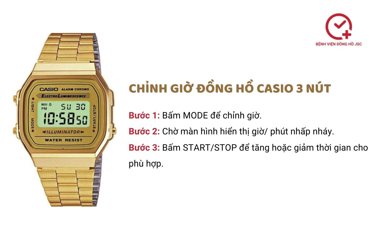 Cách chỉnh giờ đồng hồ Casio 3 nút