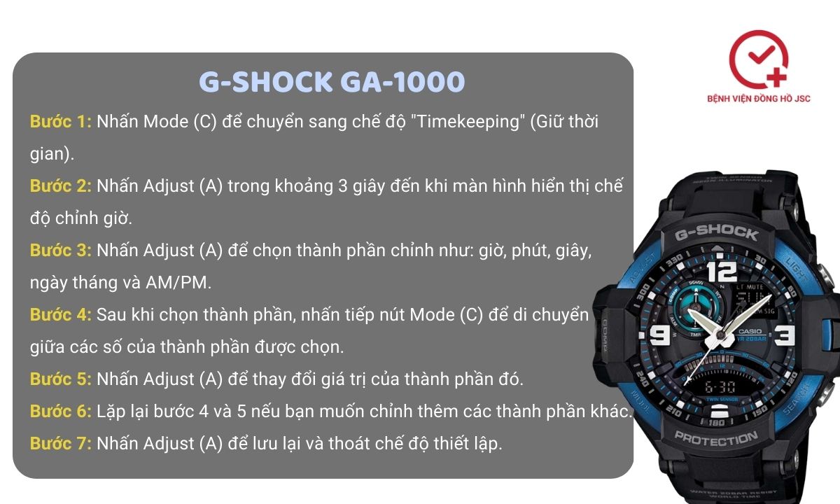 Cách chỉnh giờ đồng hồ G-Shock GA-1000