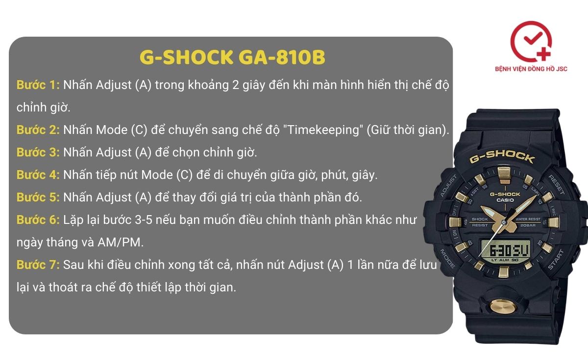 Cách chỉnh giờ đồng hồ G-Shock GA-810b