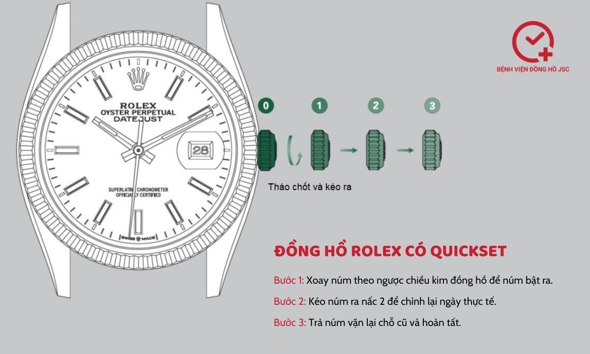 chỉnh ngày đồng hồ Rolex có Quickset