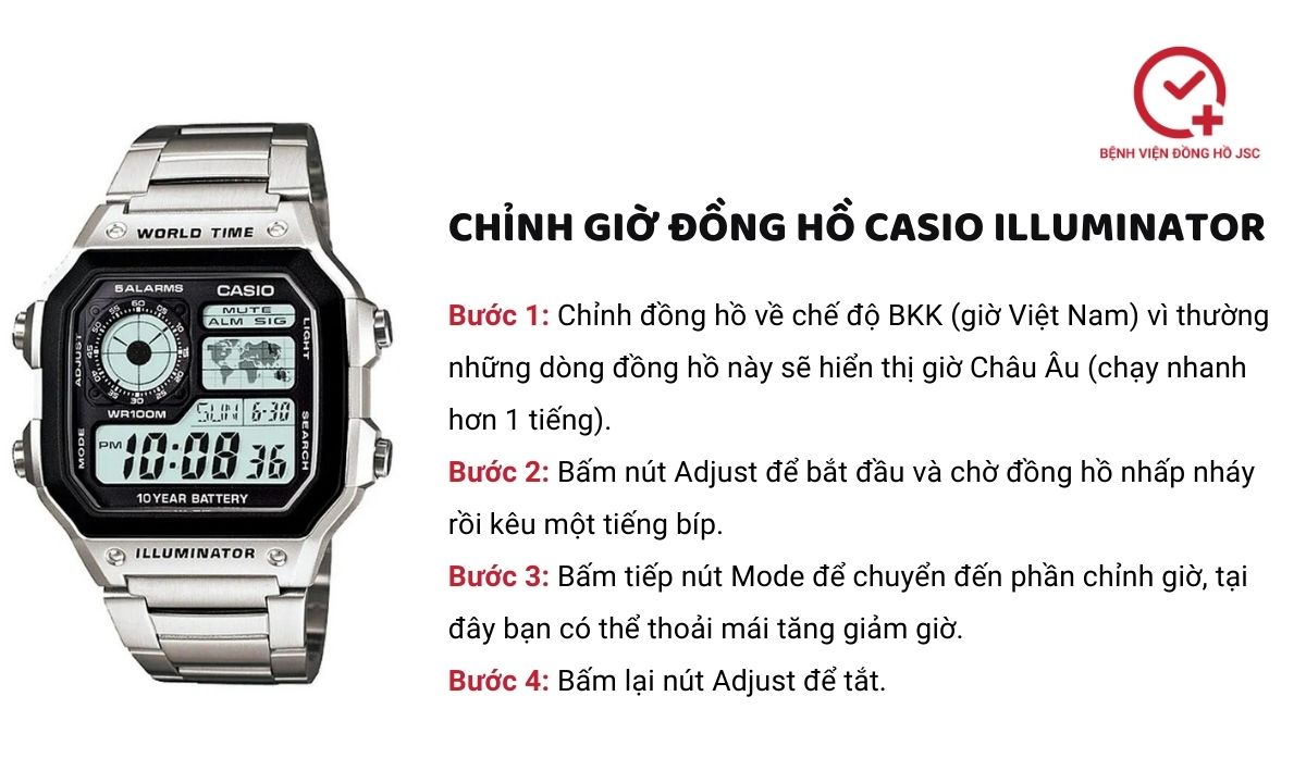 cách chỉnh giờ đồng hồ casio 4 nút tại nhà