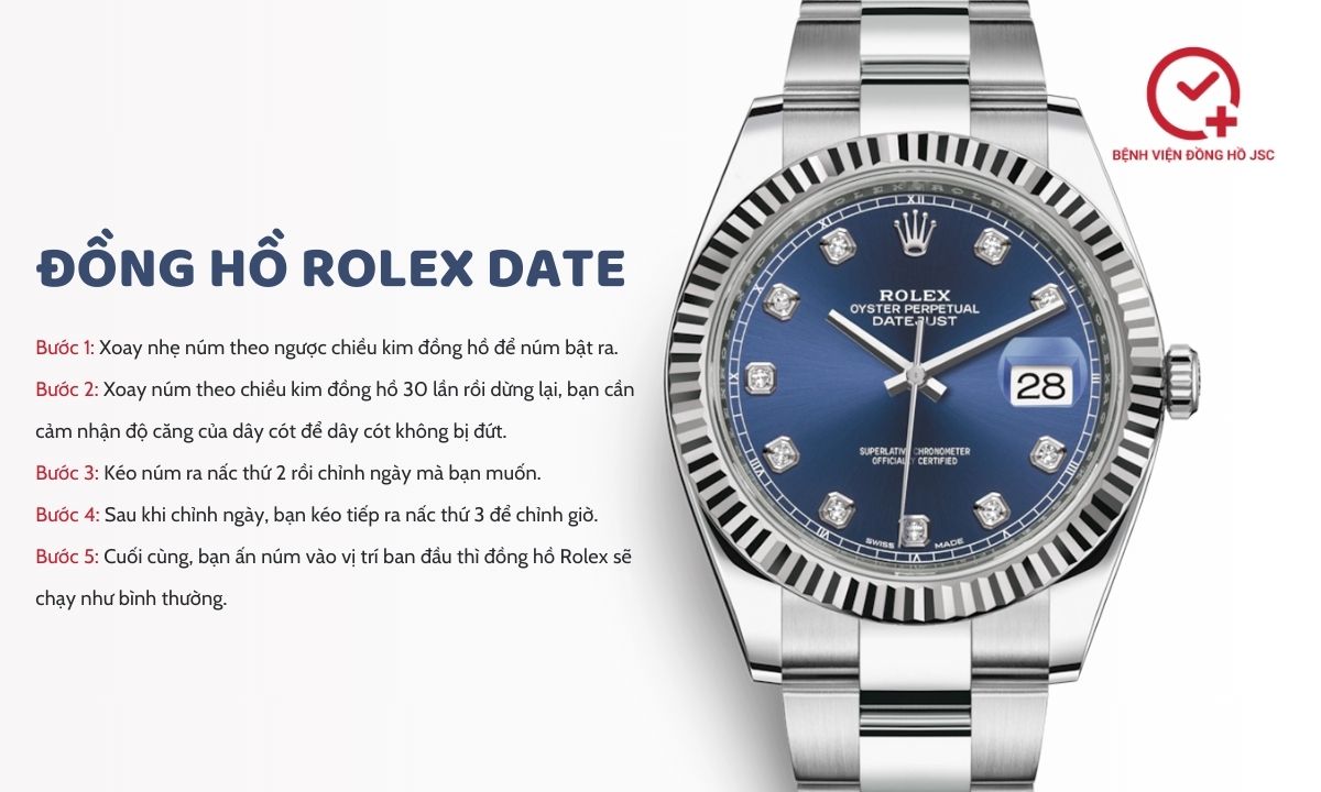 Cách chỉnh giờ đồng hồ Rolex Date