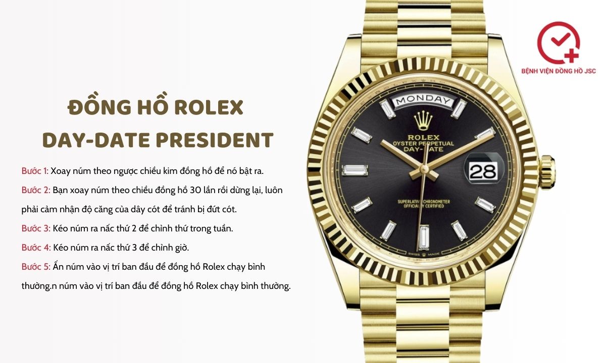 Cách chỉnh giờ đồng hồ Rolex Day-Date President
