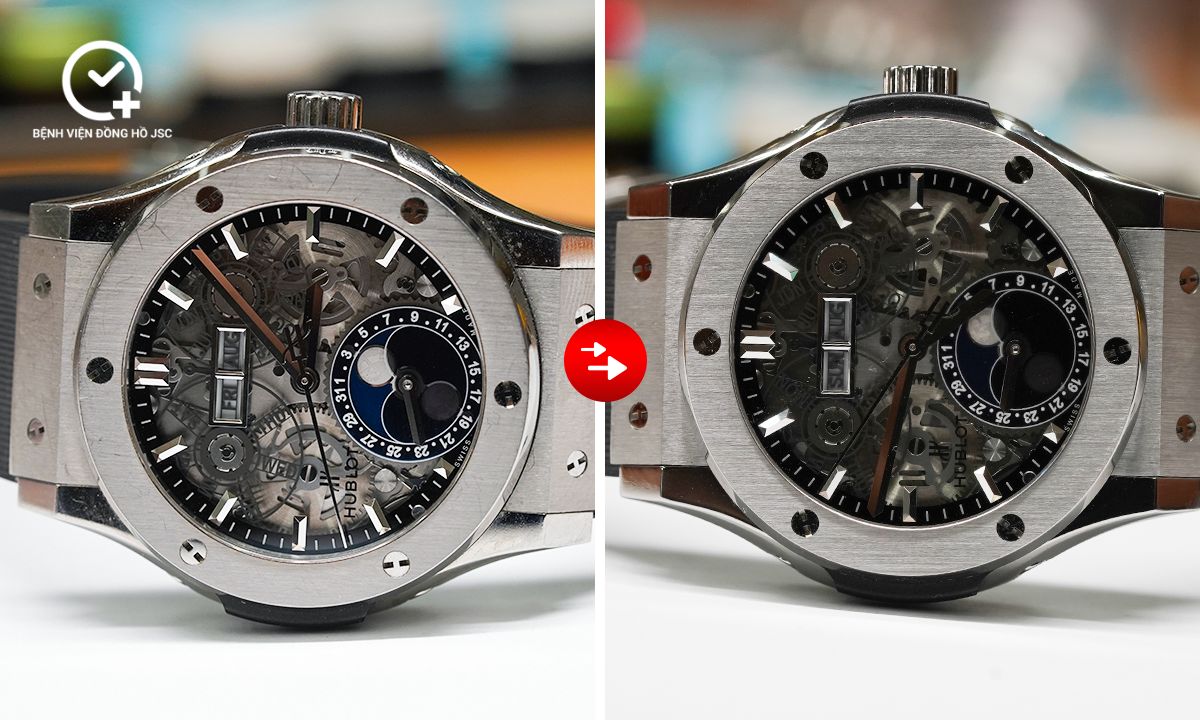 hình ảnh trước và sau khi đánh bóng đồng hồ hublot